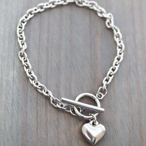 Heart Charm Cable Chain Toggle Closure Bracelet Silver Stainless Steel
